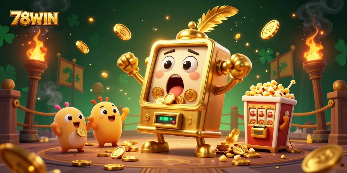 78WIN slot machine celebrates a jackpot with coins flying, surrounded by cheering baby machines and popcorn.
