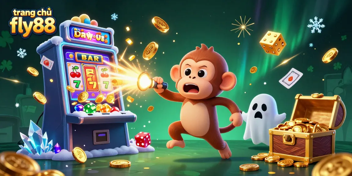 Engaging scene at trang chủ fly88 capturing a mischievous monkey juggling golden casino items in a vibrant online casino atmosphere.
