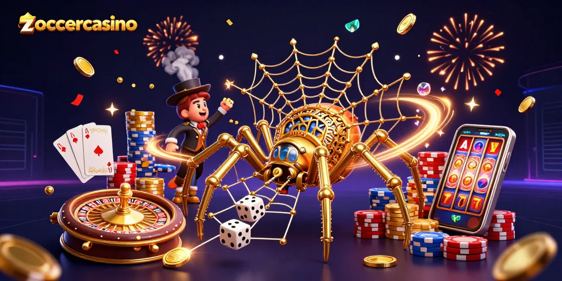 Im Zoccercasino fangen ein goldener Spinnenschauspieler und ein faszinierter Fliegen-Gentleman glückliche Würfel in einem glamourösen Casino-Szenario.