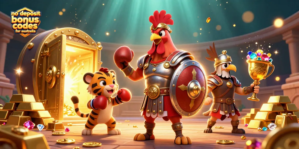 No deposit bonus codes for Australia displayed within a vibrant 3D casino scene with engaging characters and rich elements