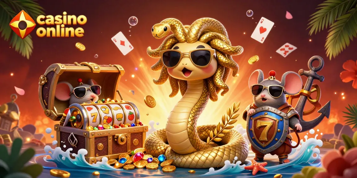 Experience the thrills of casino online with this vibrant 3D illustration featuring Medusa and a warrior mouse.
