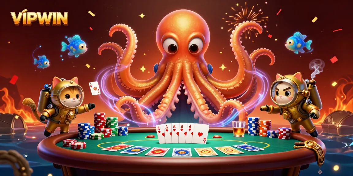 Engage with VIPWIN's thrilling casino world featuring kraken, diving cat, and poker scene.