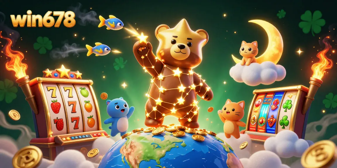 Enjoy the thrilling action of win678 with a vibrant scene of a constellation bear and slot machine elements!