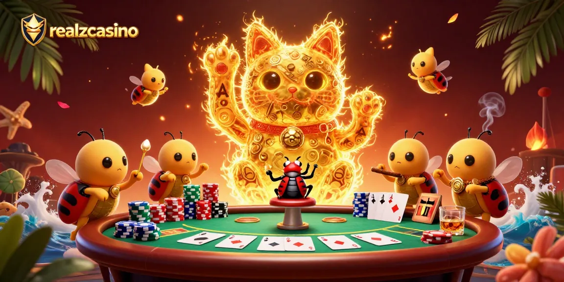 realzcasino bietet emotionale Casino-Erlebnisse mit einem glücklichen Kätzchen und Poker-Elementen.