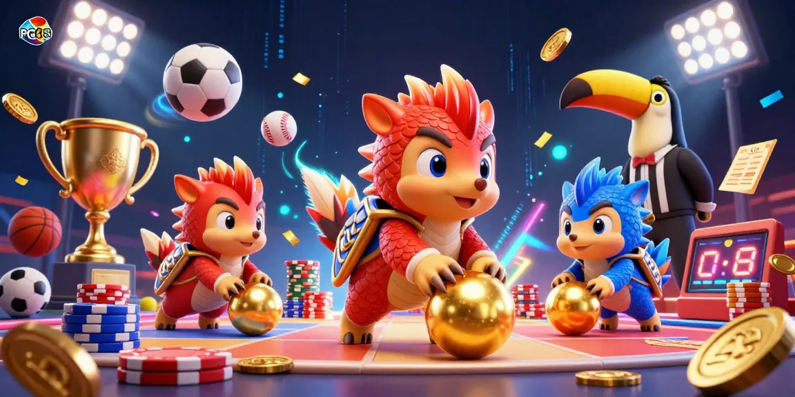 Experience gambling excitement with PG88's lively pangolin characters and dynamic sports elements amidst vibrant visuals.