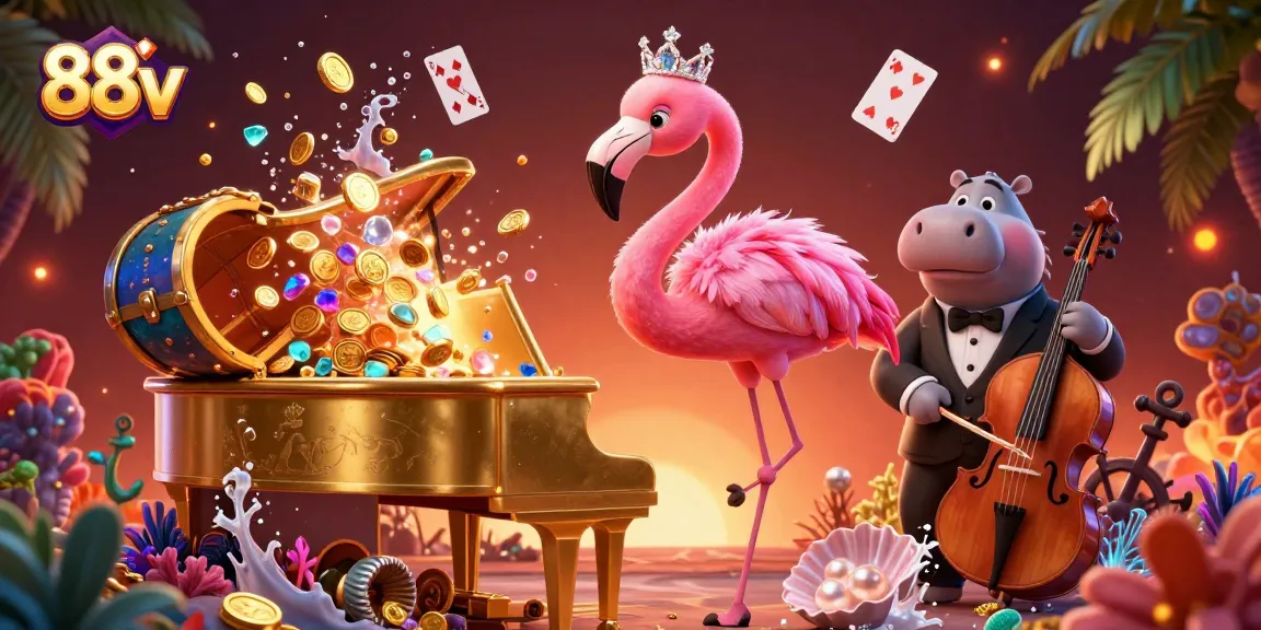 Engage with the vibrant 88vv casino scene showcasing a flamingo lounge singer and hippo bassist.