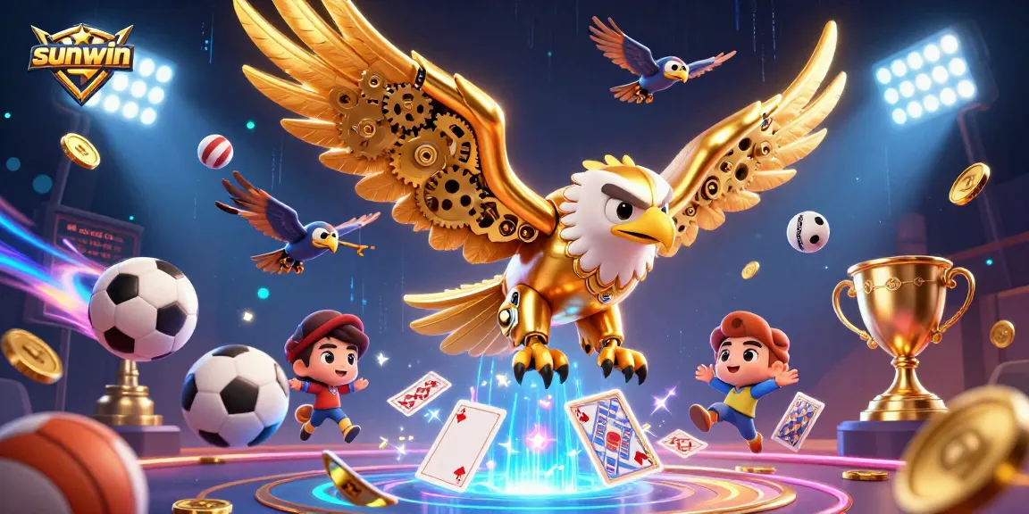 Experience the thrill of sunwin with a cybernetic eagle soaring through dynamic casino elements, showcasing excitement and winning