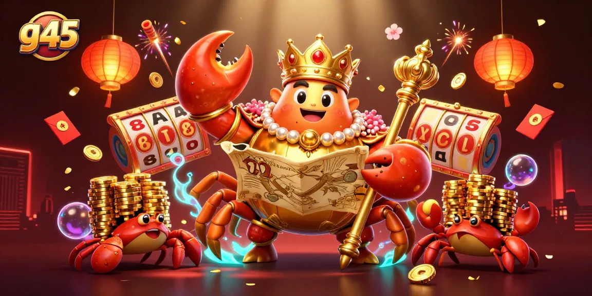 Experience the excitement of g45 with a golden crab emperor amidst slot reels and festive elements.