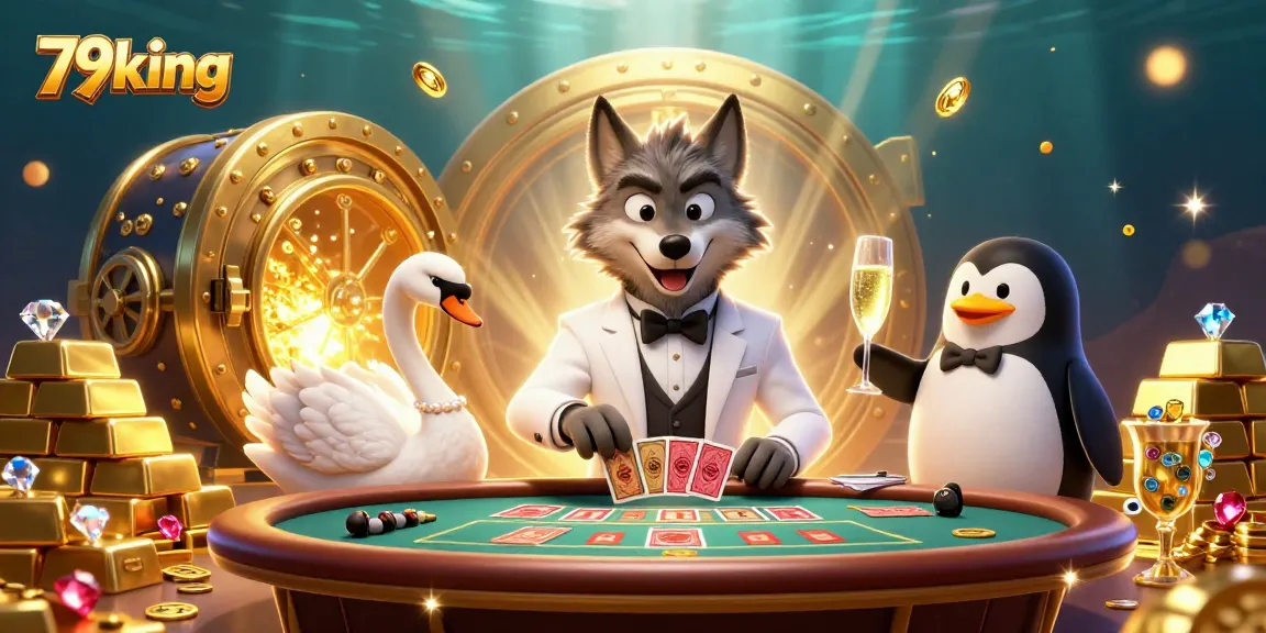 Experience the thrilling action of 79king casino with a debonair wolf at a baccarat table surrounded by treasures.
