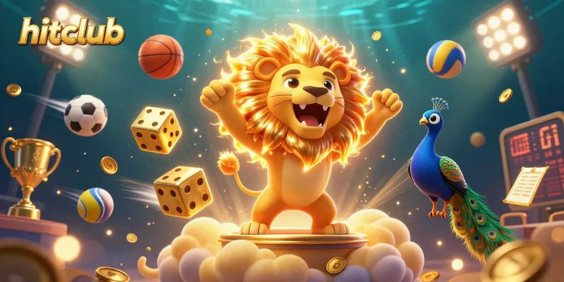 Engage in hitclub sports betting with dynamic illustration featuring a roaring sun lion and golden sports elements.