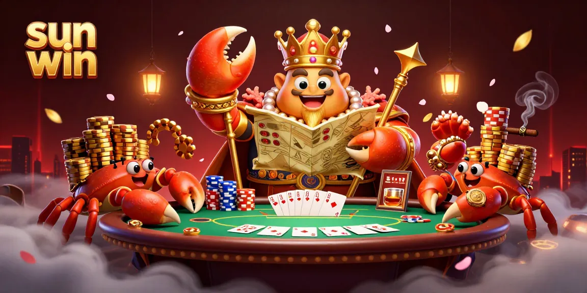 Engage with the sun win poker scene featuring a golden crab emperor amidst dramatic gaming elements.